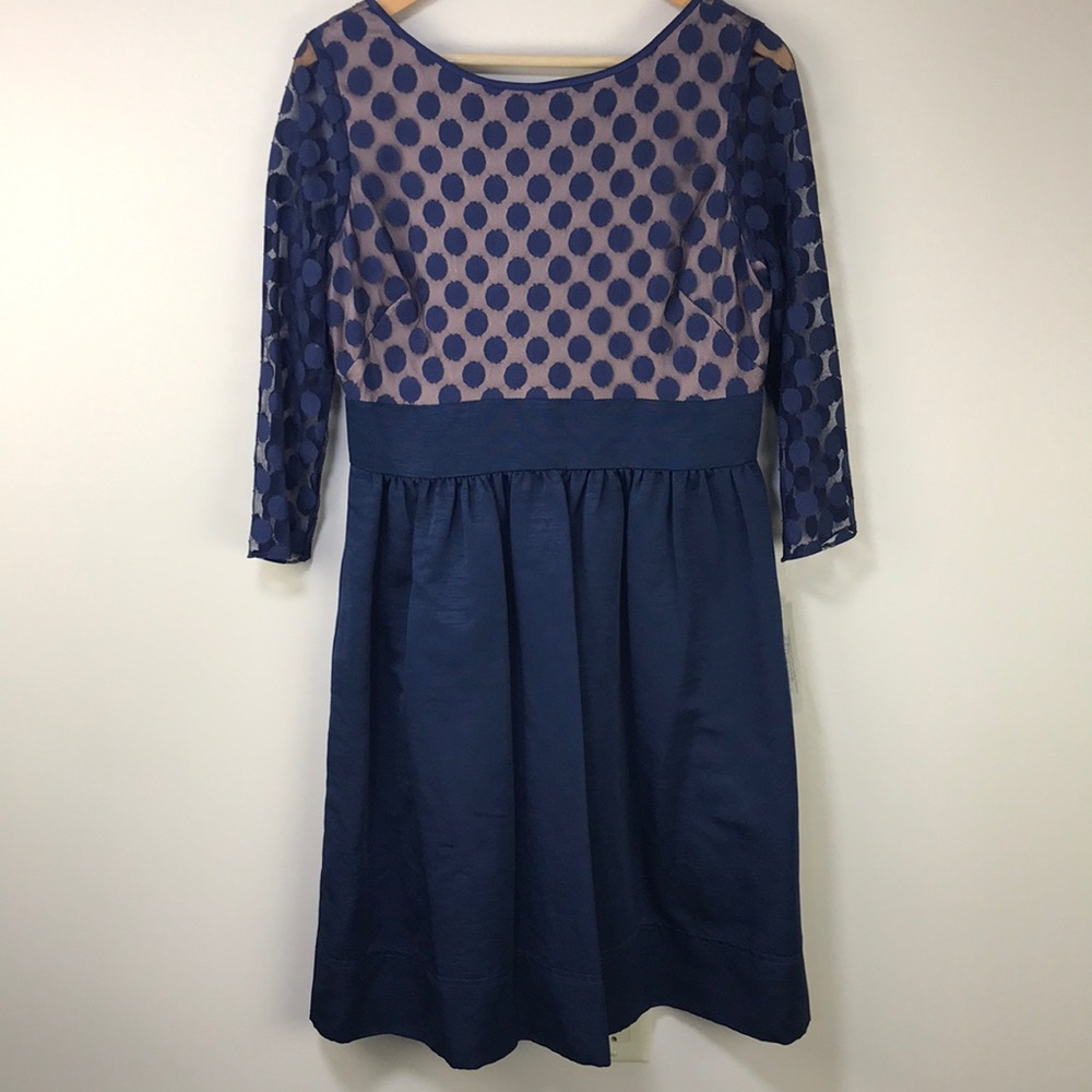 Eliza J blue polka dot sheer sleeve midi dress size 10 with pockets